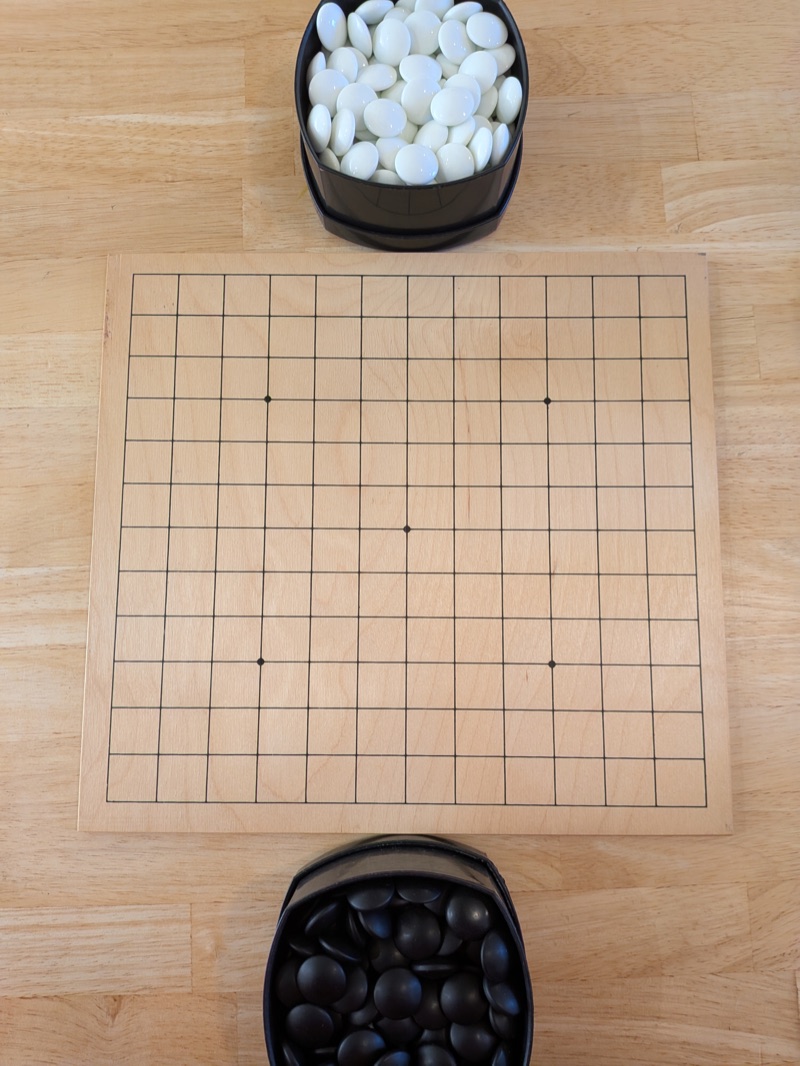 un goban vide vu du dessus, un bol de pierres blanches en haut et un bol de pierres noires en bas